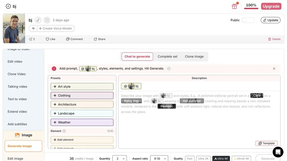 APOB AI Generate Image workstation with Chat to generate selected