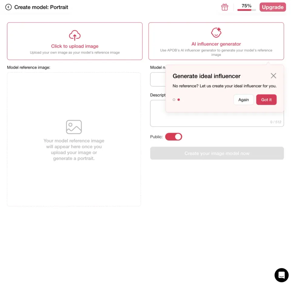 APOB AI influencer generator UI - step 1 create a persona