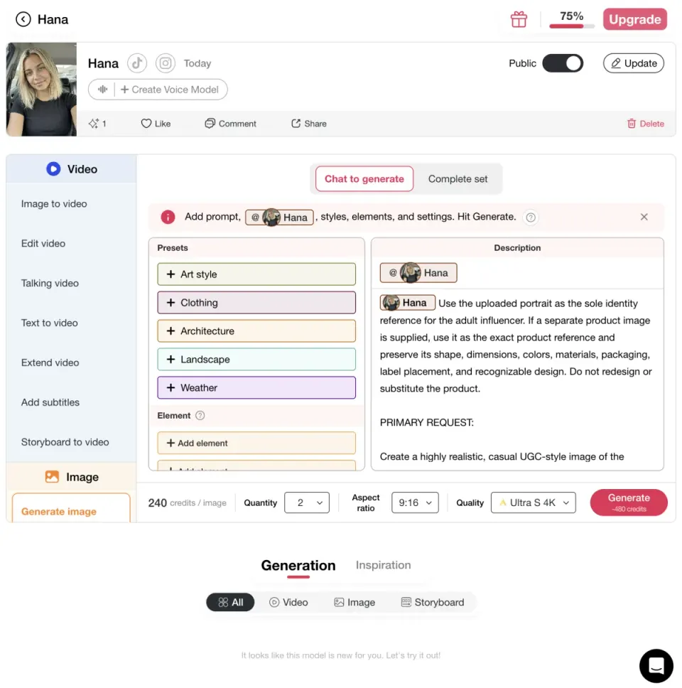 APOB AI influencer generator UI - step 2 choose an image or video workflow