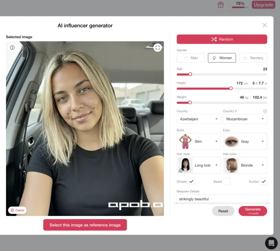 APOB AI influencer generator UI - step 3 customize style, clothing, and scene