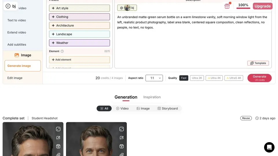 APOB AI prompt composer with a product prompt, Fast quality, and 1:1 ratio