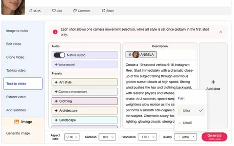 APOB AI Reel generator quality control with Ultra selected before generating a short-form video