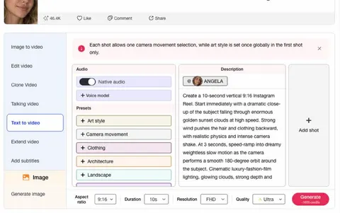 APOB AI Reel generator workspace showing a 9:16 vertical video prompt, duration, and generation controls