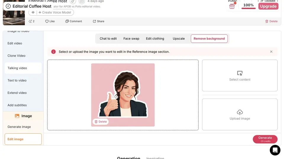 APOB AI Remove background panel showing the selected creator sticker before transparent PNG generation