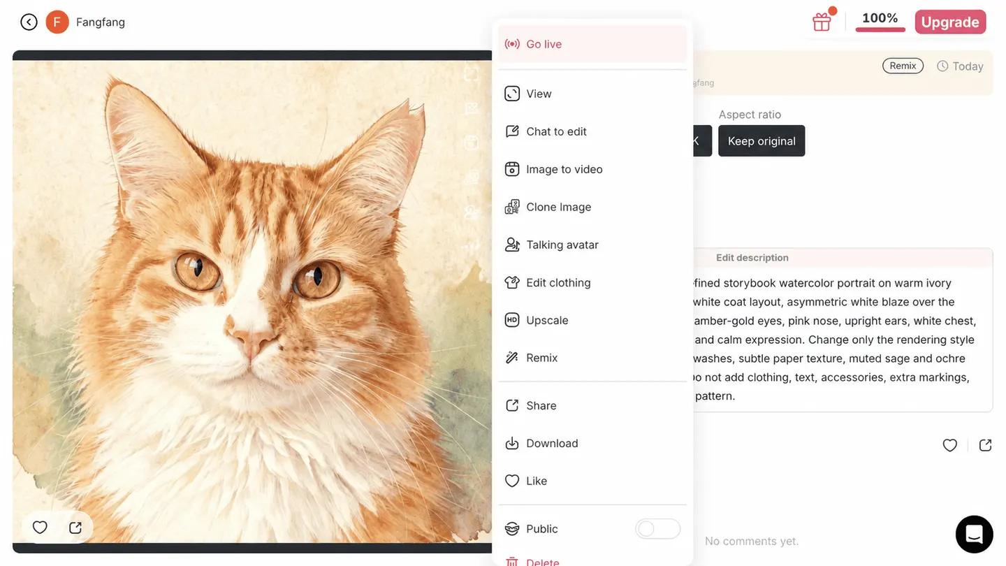 APOB AI result detail More actions menu with Download visible for a completed pet portrait