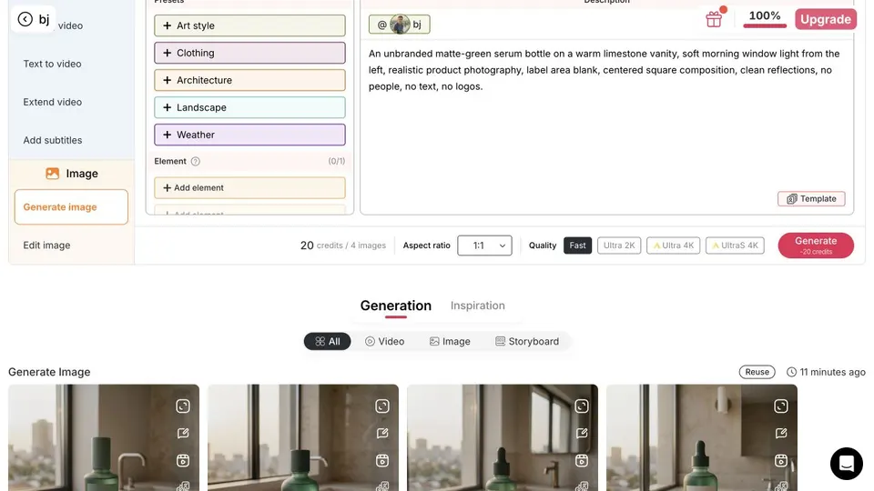 APOB AI settings bar showing Fast quality, 1:1 aspect ratio, and the live credit cost