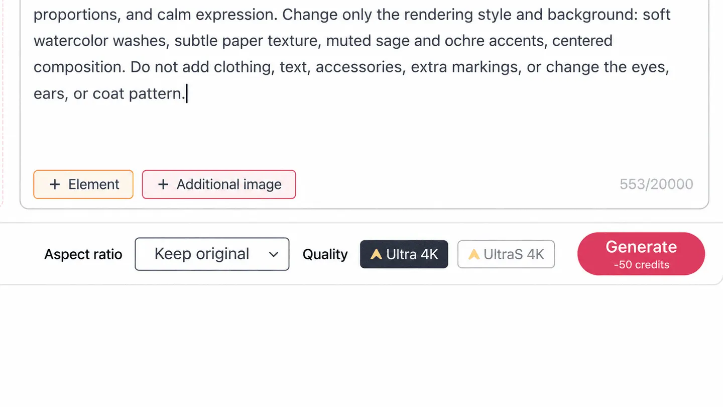 APOB AI settings showing Keep original, Ultra 4K, and a 50-credit Generate quote