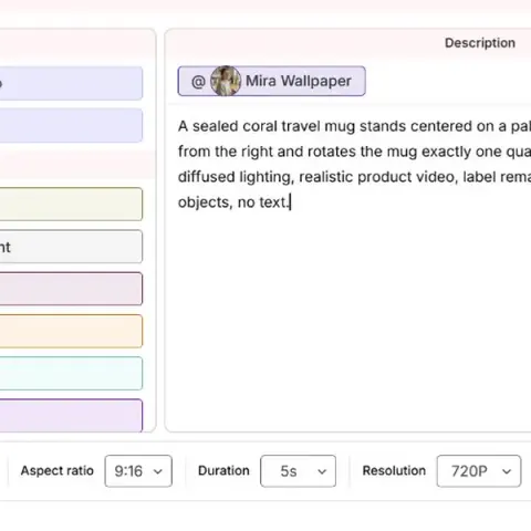 APOB AI Espacio de trabajo de texto a video con información sobre el producto, audio nativo, relación de aspecto, duración, resolución, calidad y controles de costo de crédito en vivo