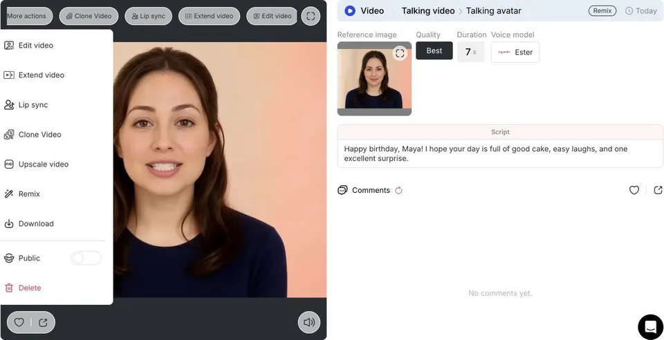 APOB AI video detail page with privacy status, edit actions, and Download button