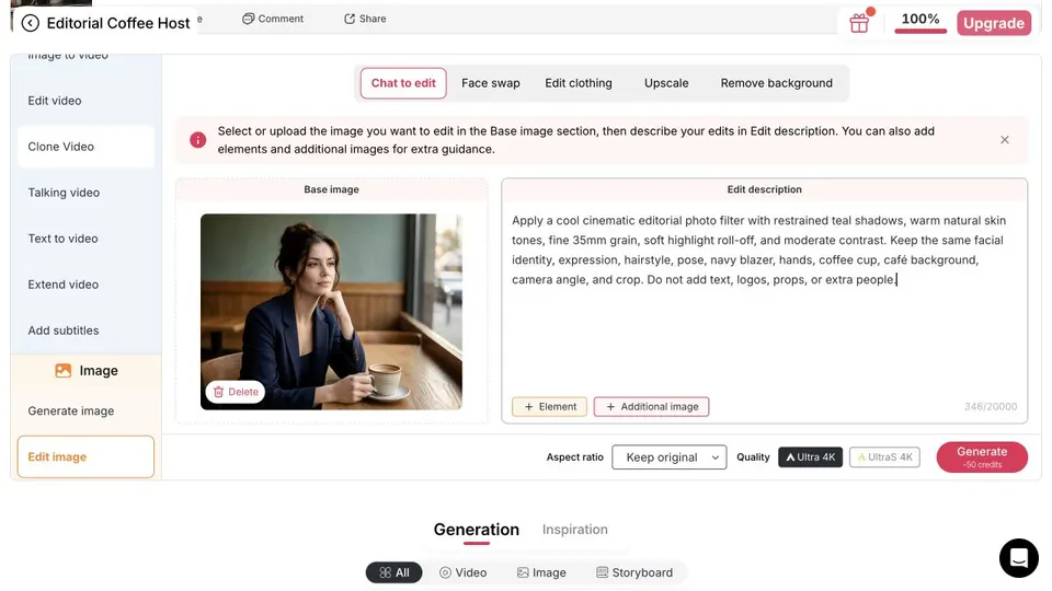 Chat to edit d’APOB affichant une consigne de filtre cinématographique éditorial et un coût de 50 crédits