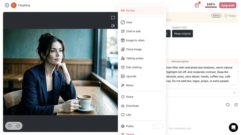 Menu de l’image terminée dans APOB, avec Download visible pour le résultat du filtre cinématographique testé