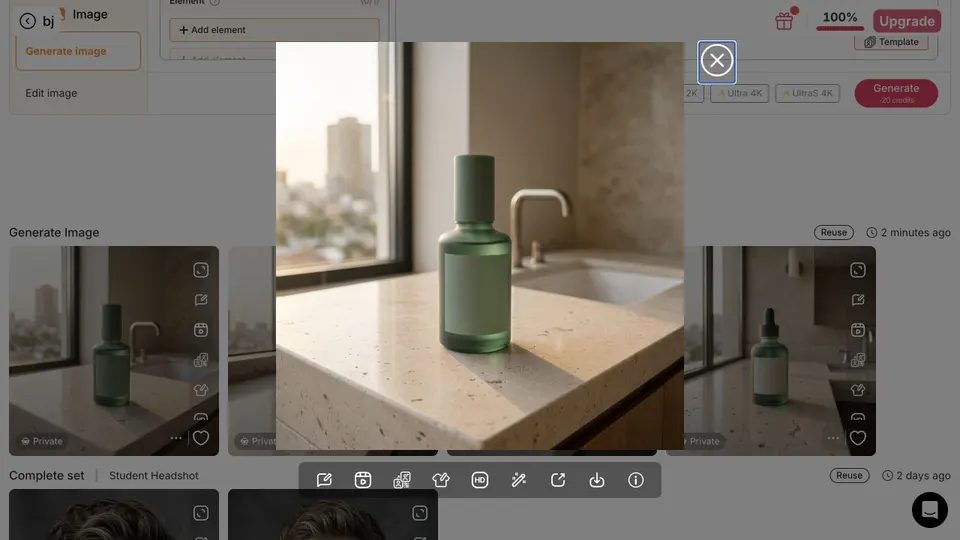 APOB generated-image preview with edit, video, upscale, remix, download, and details actions