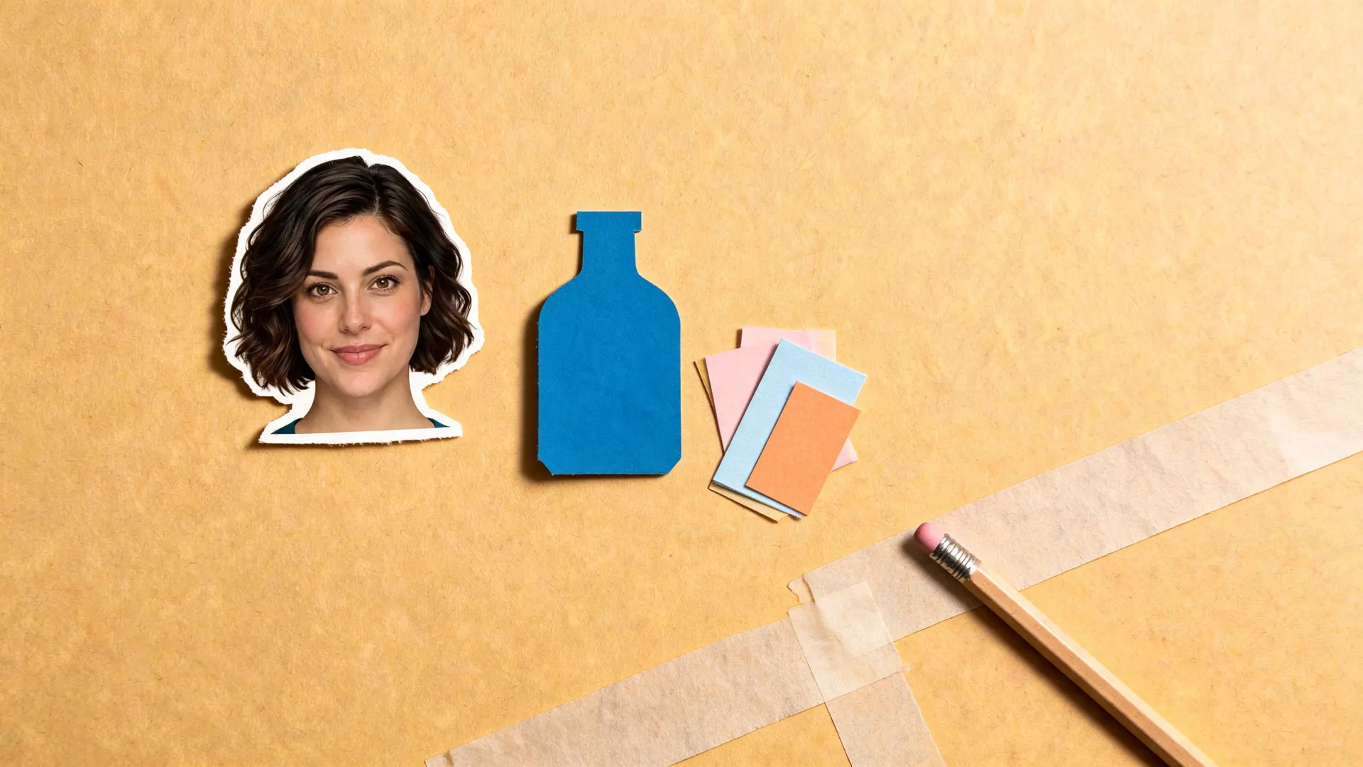 Collage de papel generado por APOB con un retrato del creador, una botella azul, recortes en capas y un lápiz