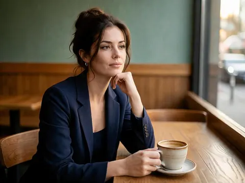 Portrait photoréaliste dans un café, généré avec APOB et utilisé comme image d’origine pour tester le filtre