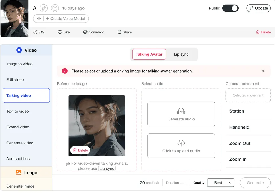 APOB Talking Avatar workspace with voice and camera controls for a vertical Reel presenter