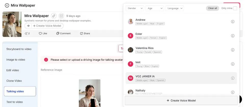 Selector de modelo de voz APOB con filtros de género, edad e idioma