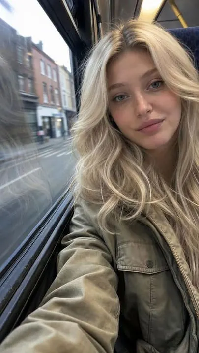 Blonde AI influencer taking an urban street selfie