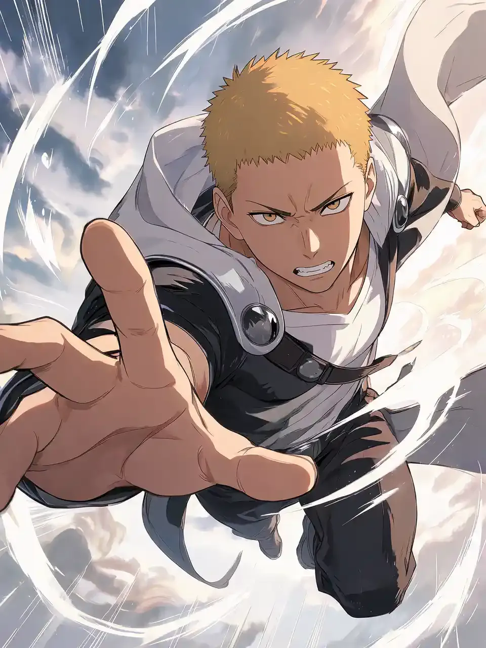 Personaje de anime rubio avanzando en una escena de acción en rápido movimiento
