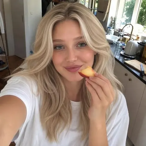Blonde lifestyle influencer taking a bright kitchen selfie in a white T-shirt, resting her hand near her face with a casual home vibe