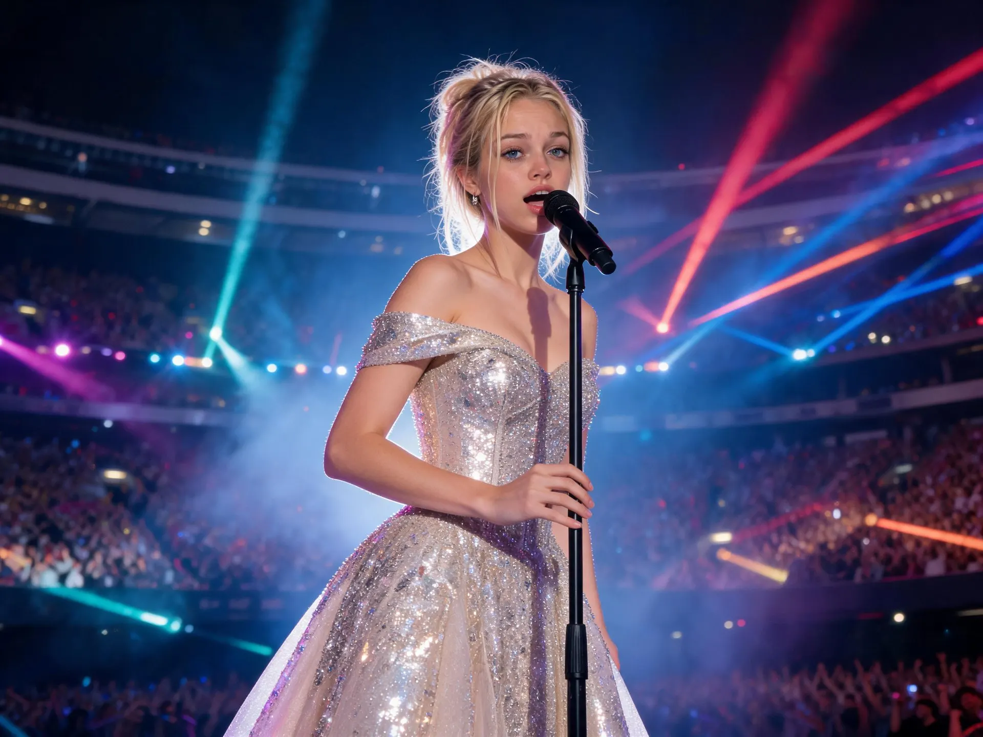Blonde pop singer in a sparkling silver gown performing on a brightly lit concert stage