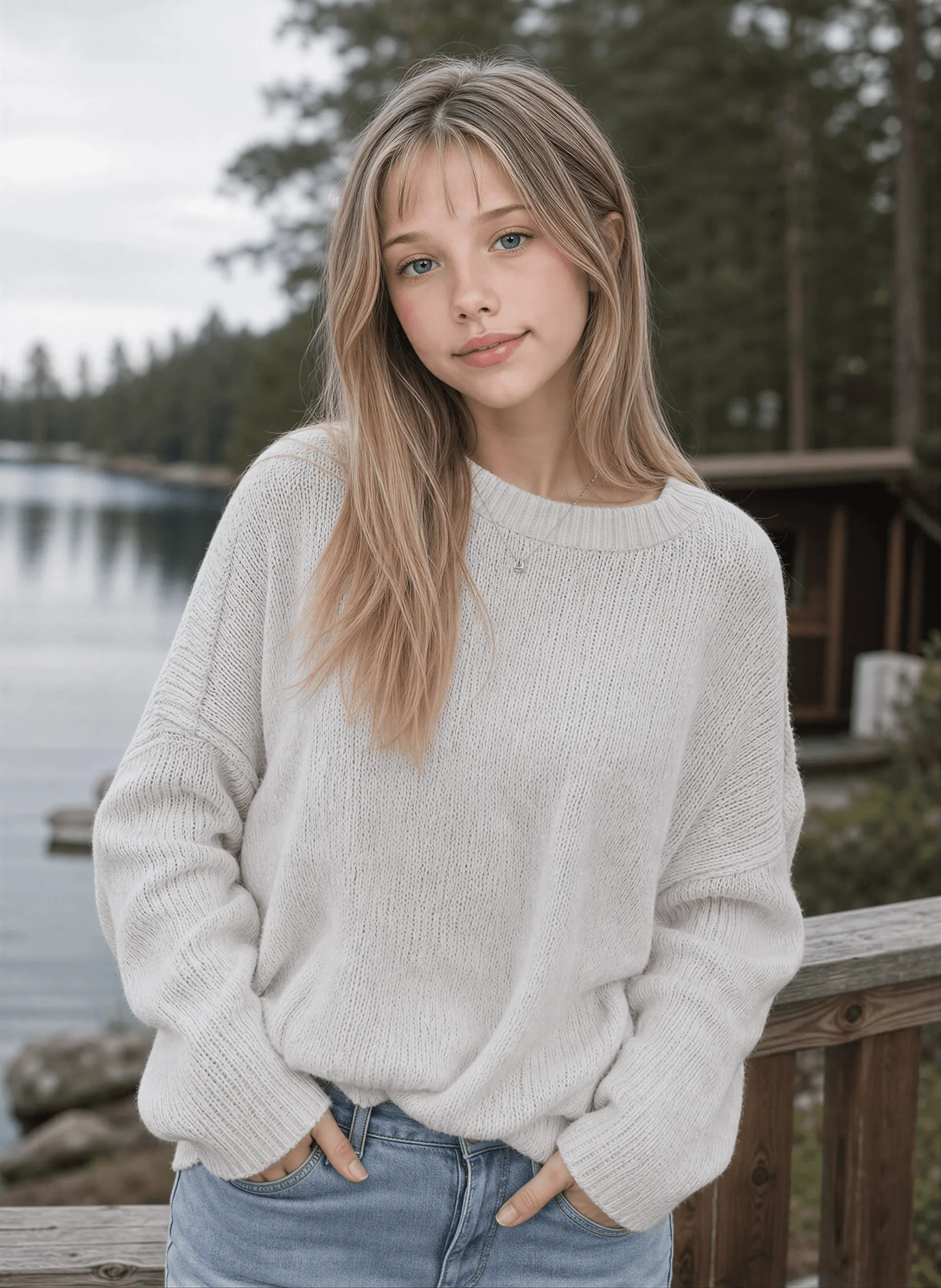 Mujer rubia con un suéter blanco junto a un lago tranquilo