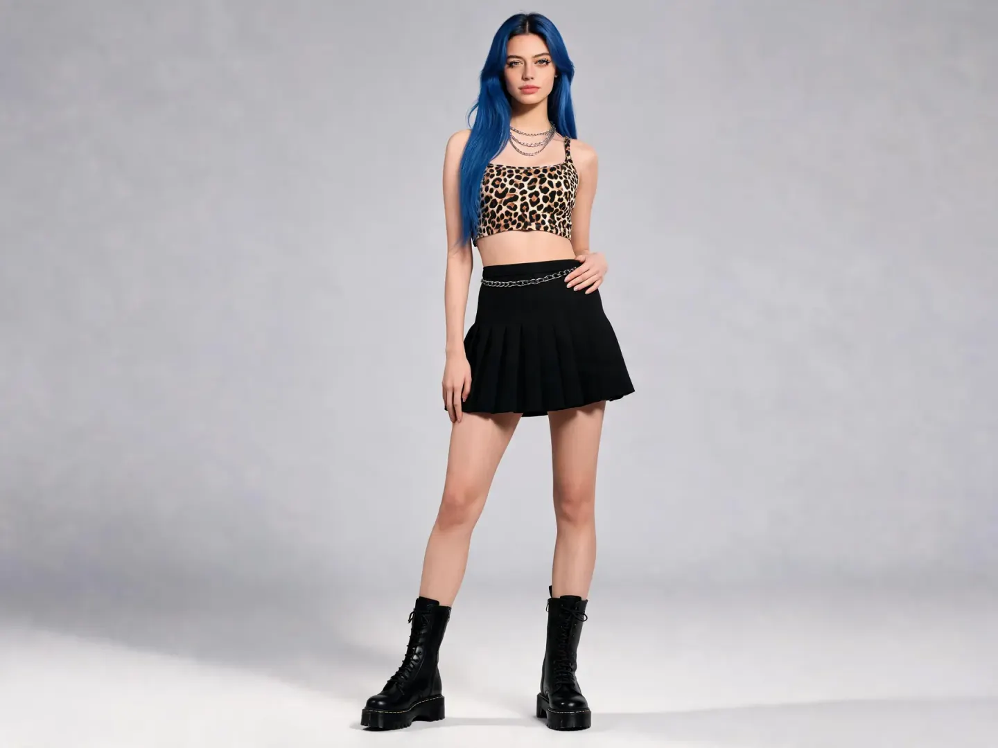 Blue-haired model in a leopard-print top and black skirt against a studio backdrop