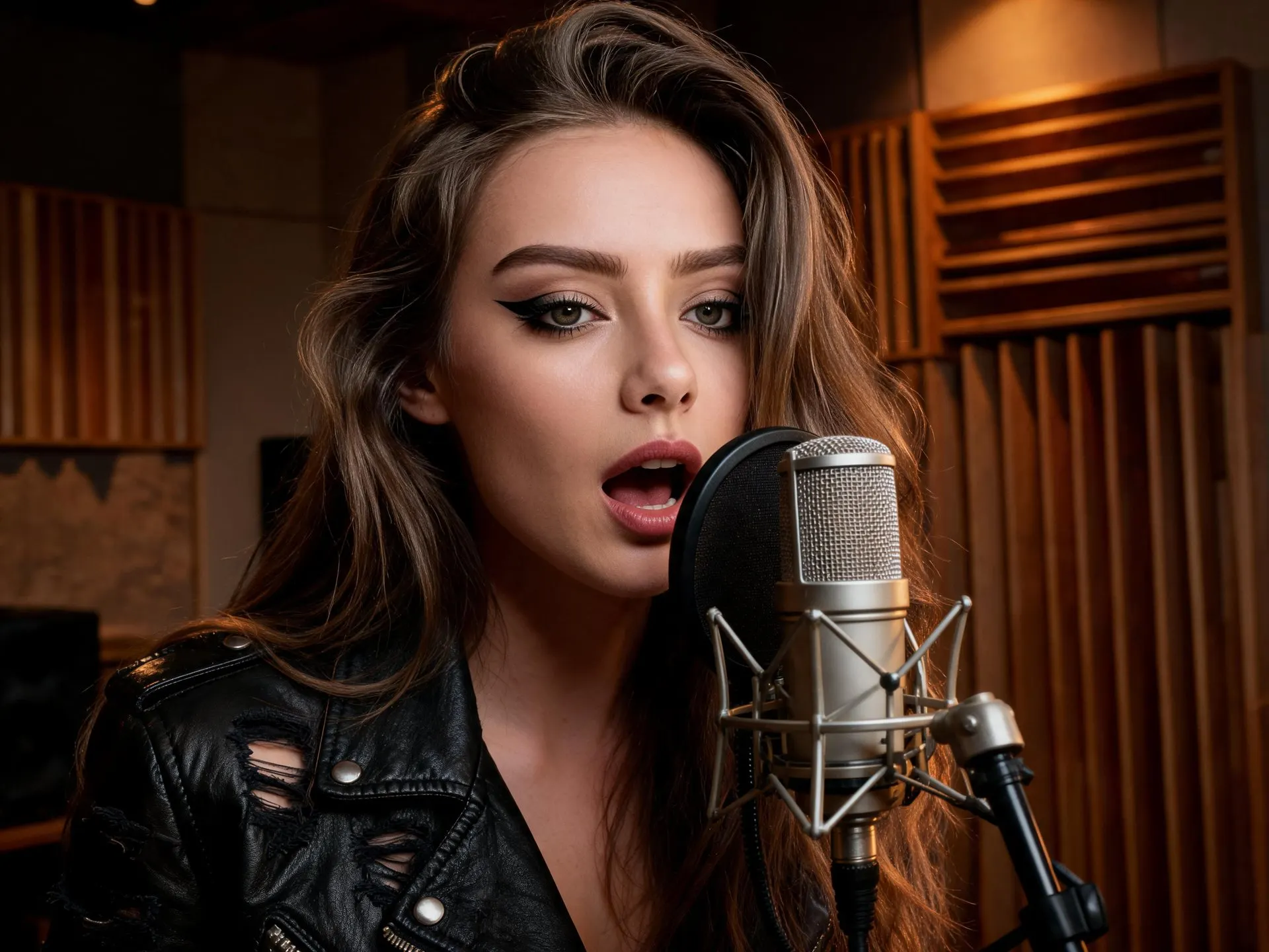 Brunette rock singer in a black leather jacket recording vocals at a studio microphone