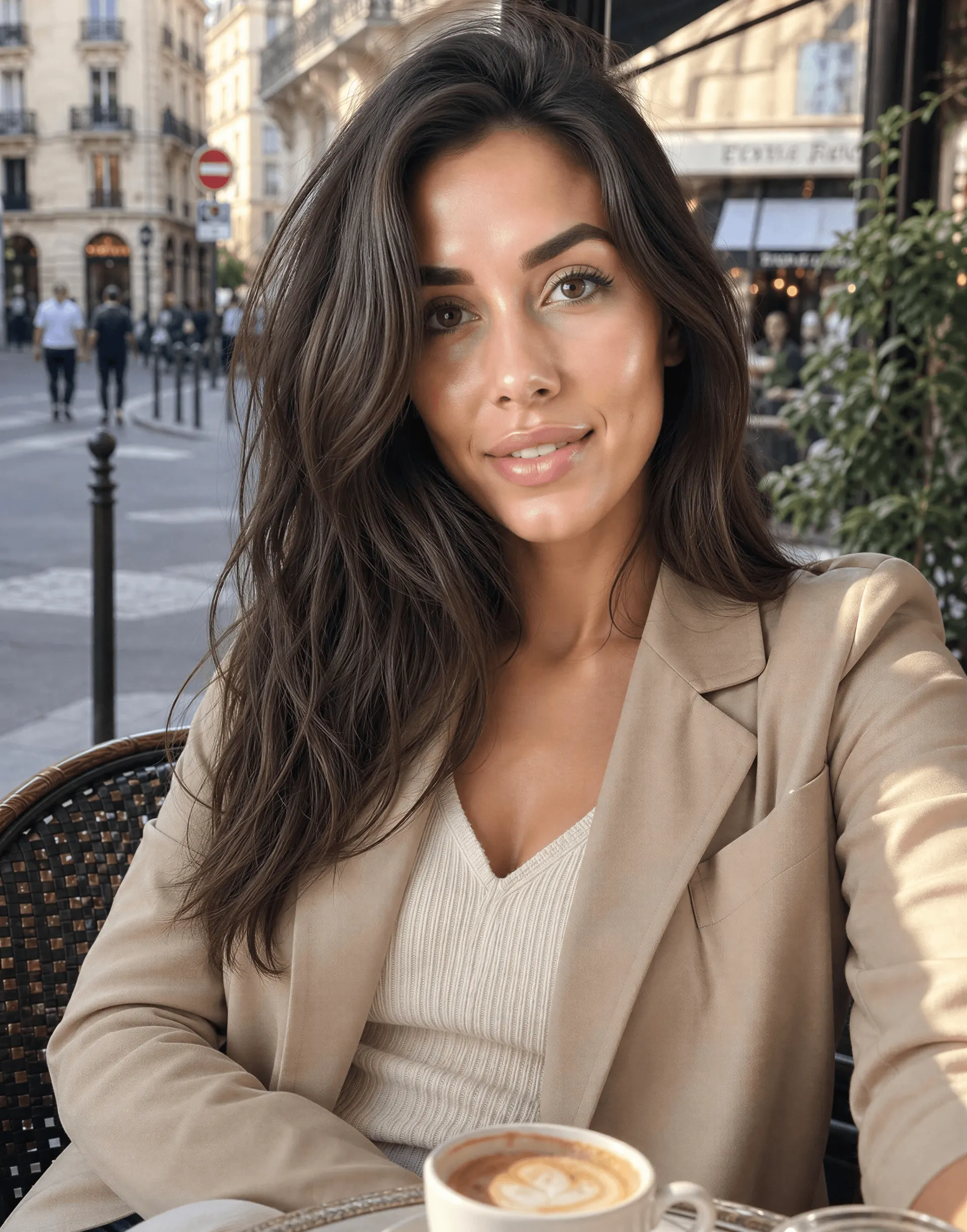 Mujer morena tomando un café selfie en una plaza europea