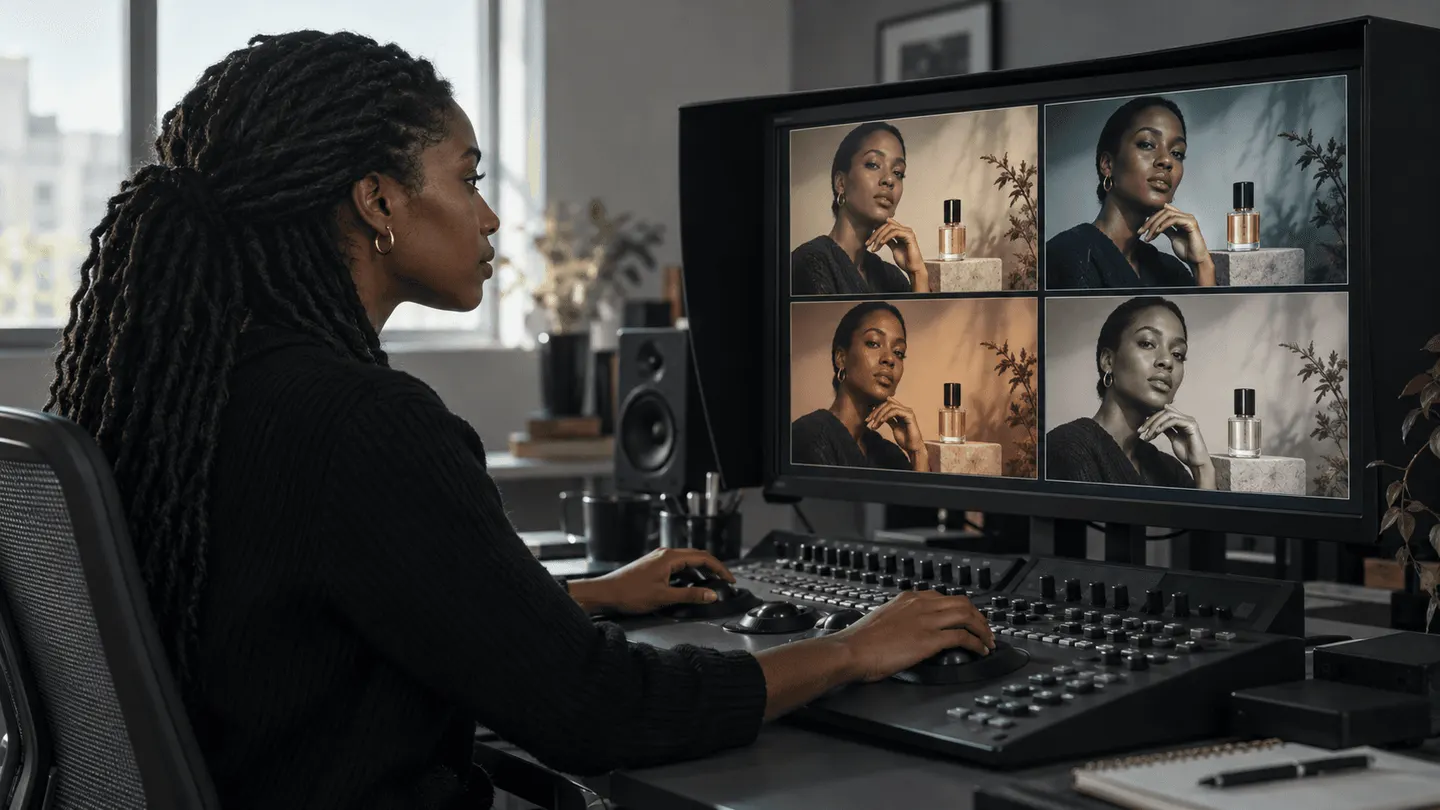 Colorist comparing four controlled color treatments of the same portrait