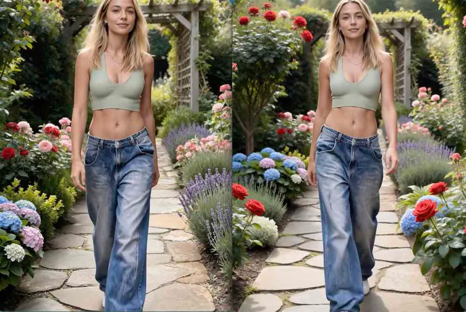 Compare two AI-generated videos of a woman walking through a flower garden