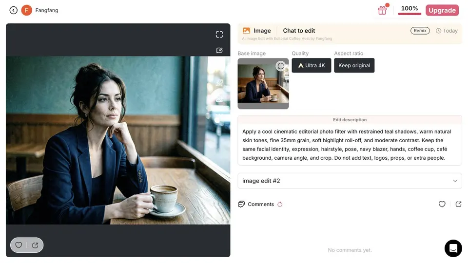 Vue détaillée du résultat dans APOB avec l’image de base, la consigne complète, Ultra 4K, Keep original et l’image générée
