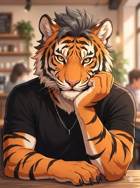 Cool tiger Furry pfp with a hand on chin. 