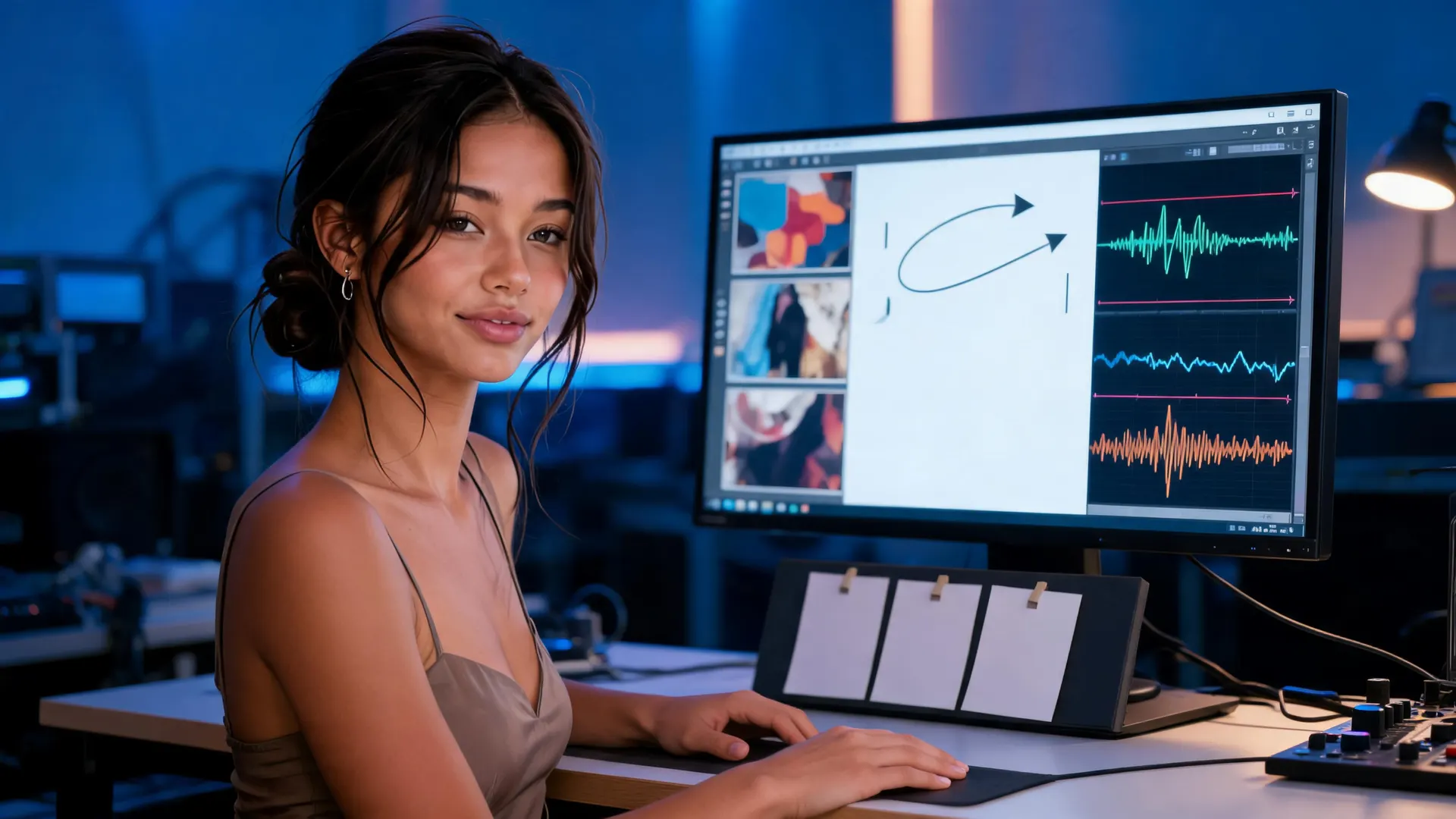 Creative technologist testing a Hailuo 3.0 reference stack at a video review station