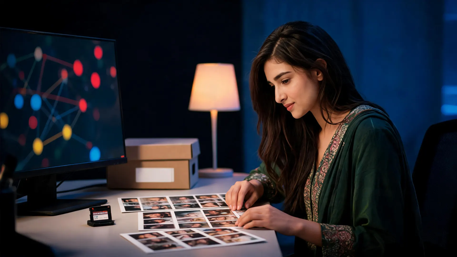 Creator reviewing an unlabeled provenance chain at a post-production desk for an AI video proof packet
