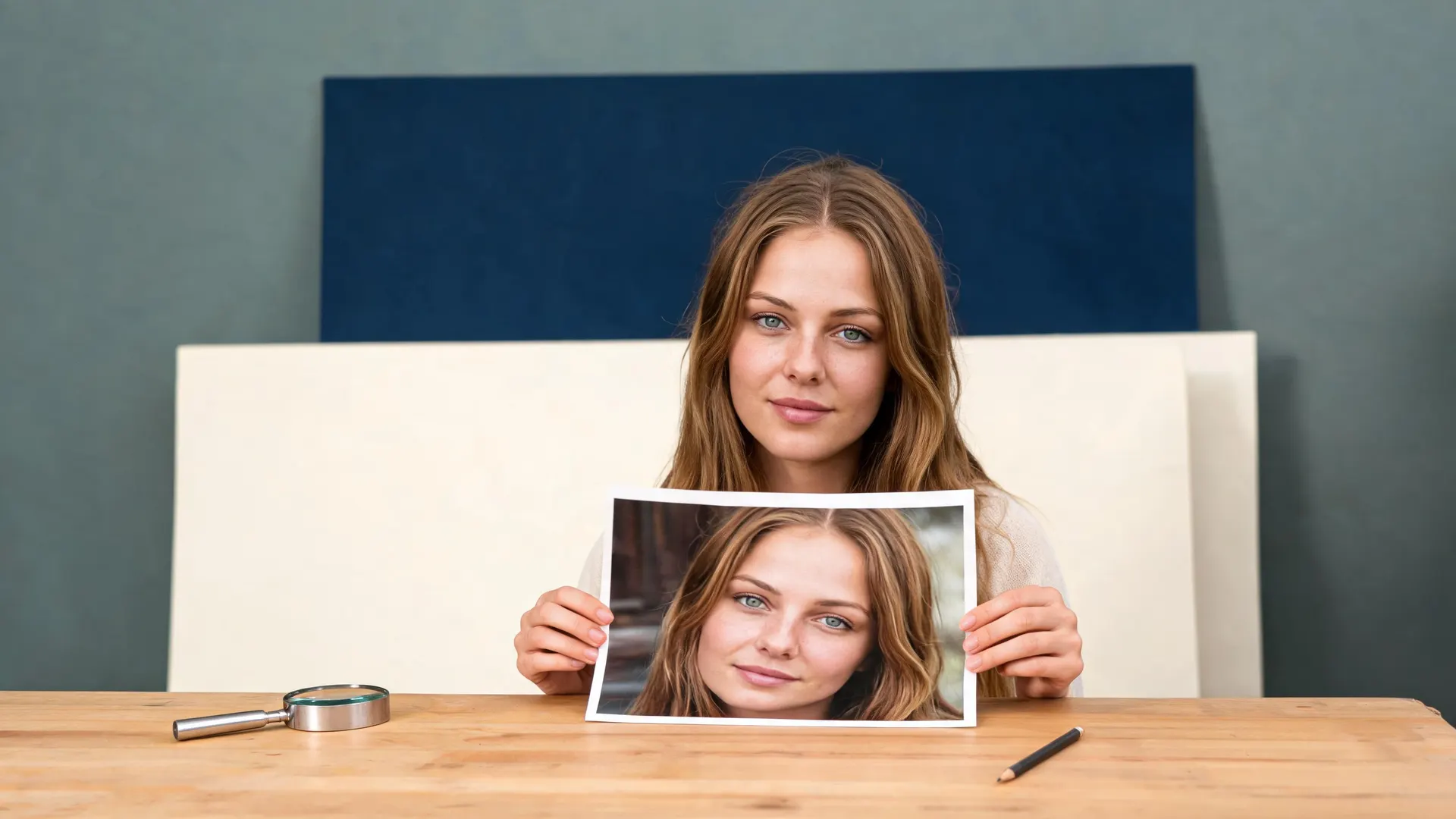 Creadora ficticia generada con APOB que revisa una copia impresa de un retrato en una mesa de fotografía