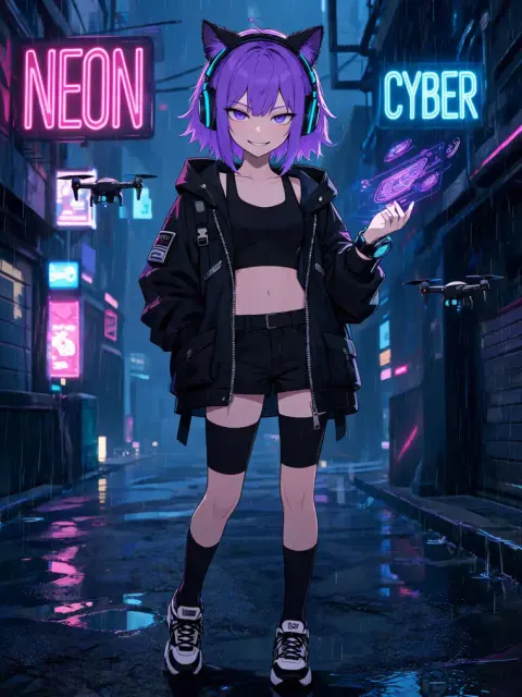 Cyberpunk cat girl character in a rainy neon city