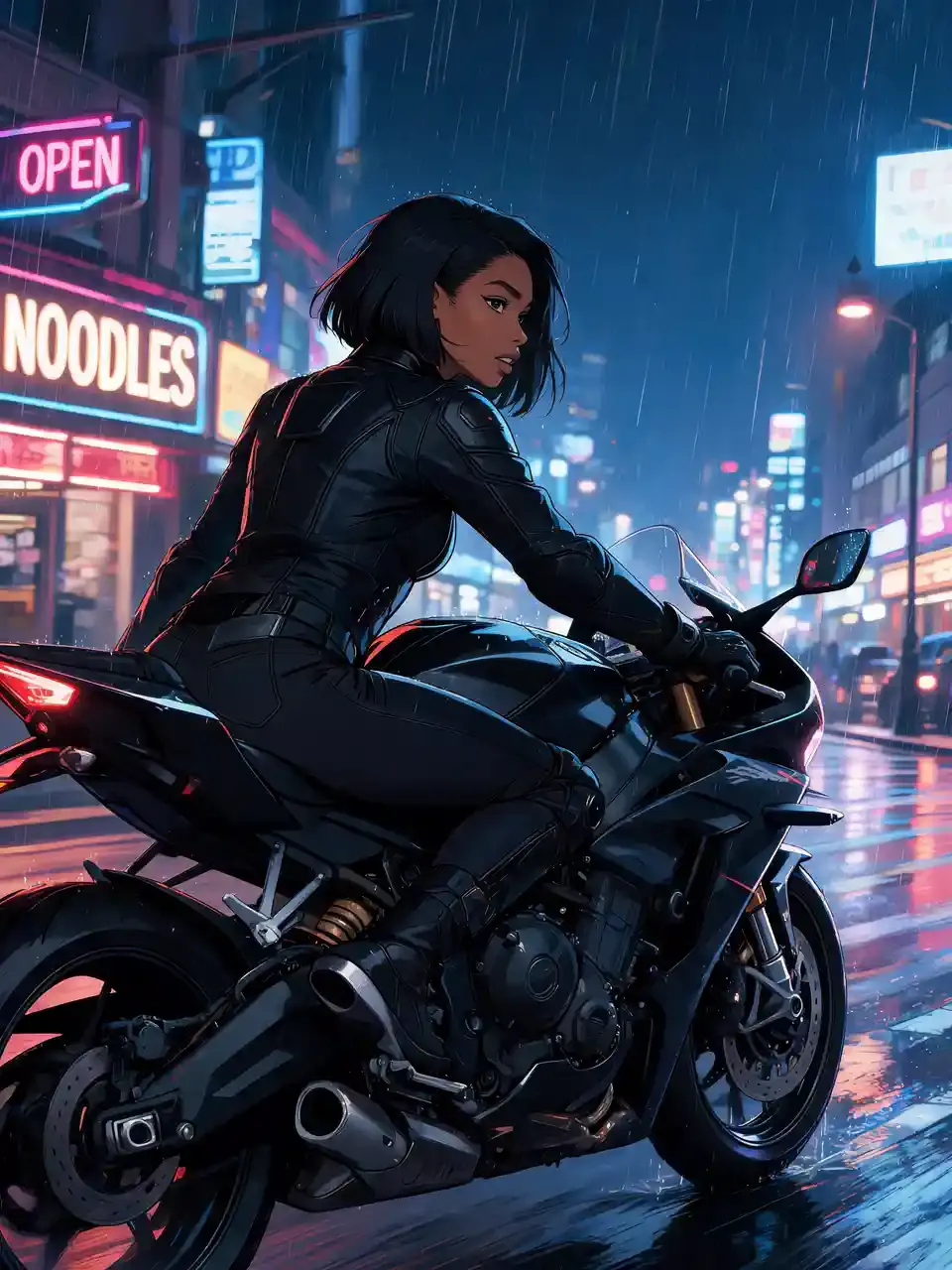 Jinete Cyberpunk acelerando a través de una ciudad de neón por la noche