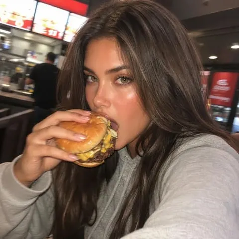 Digital food influencer eating a burger in a casual restaurant, wearing a white top and captured in a candid phone-shot style