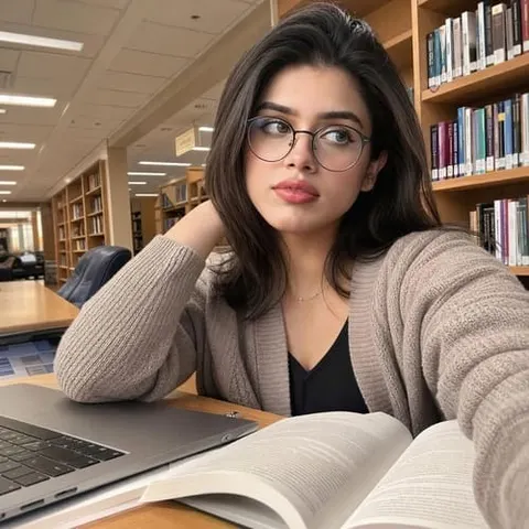 Digital influencer studying in a library, wearing glasses and a beige cardigan while posing with books and a laptop