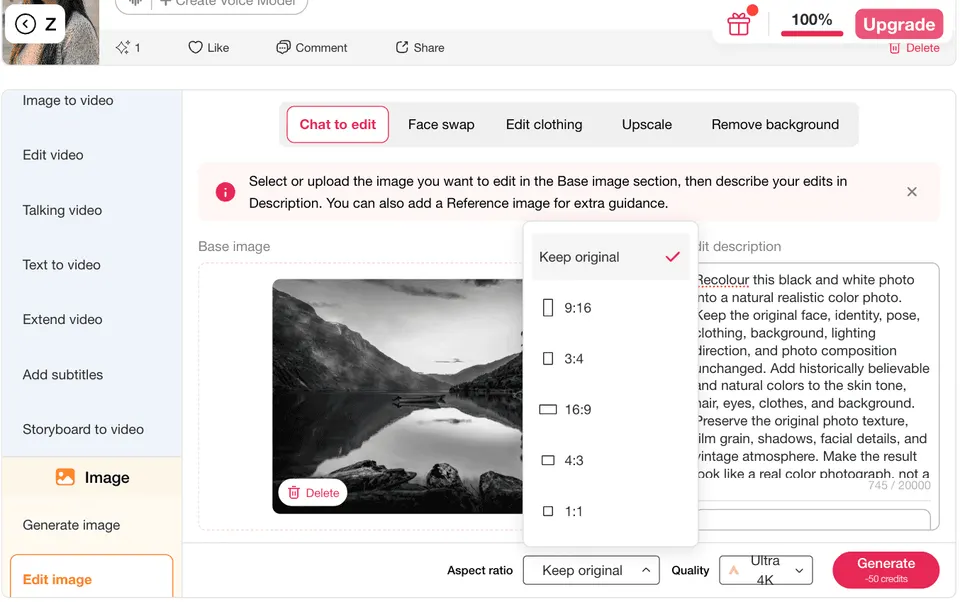 Edit description box with a prompt for AI recolour black and white photos into realistic color images.