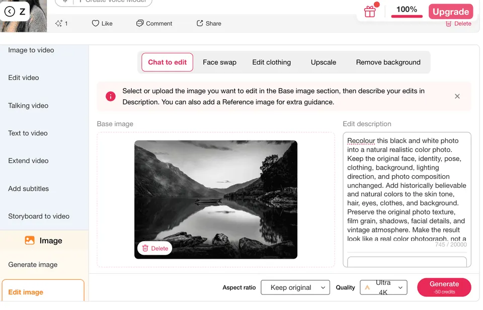Edit image interface showing a black and white landscape photo uploaded for recolour photos online.