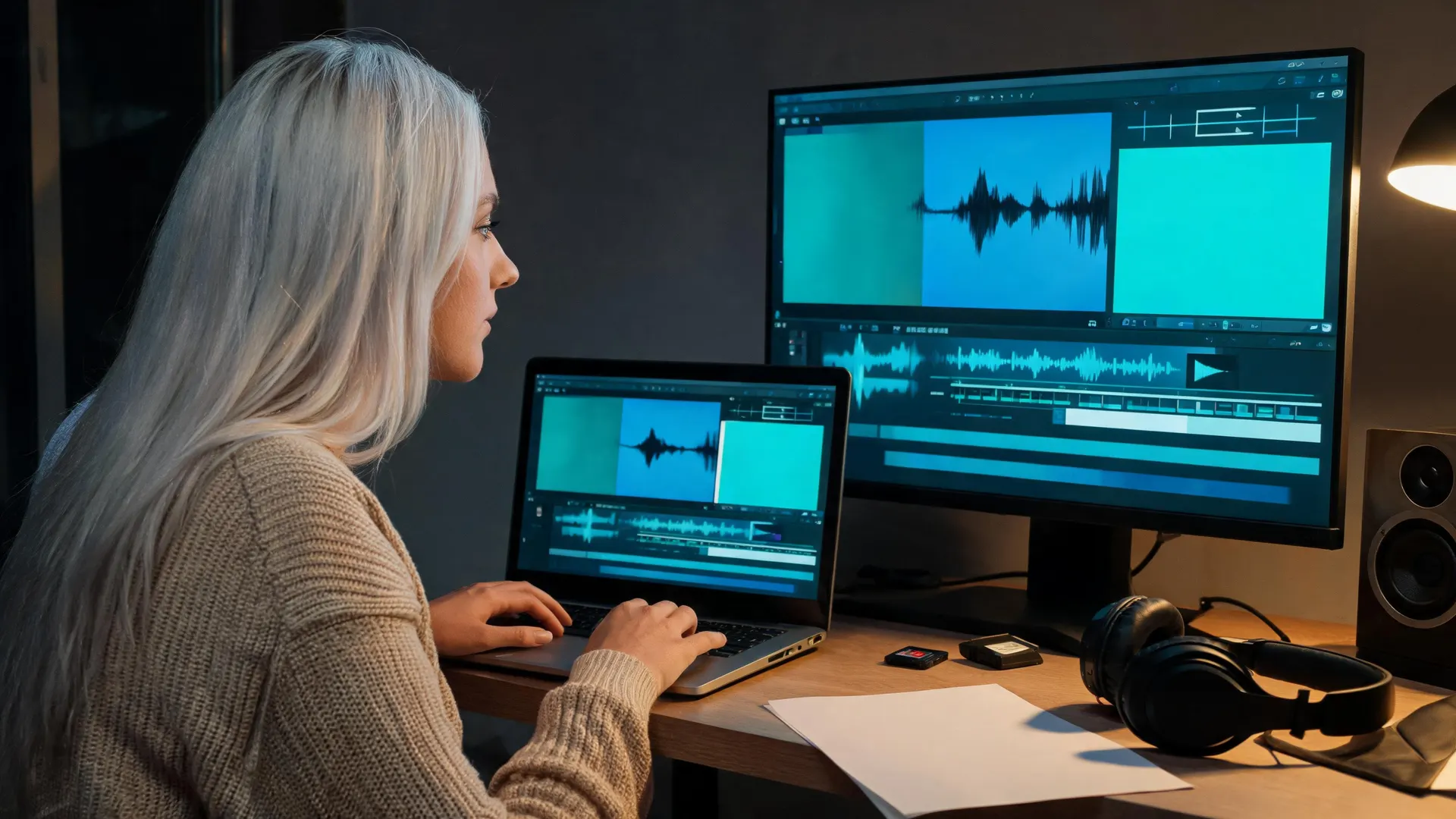 Editor auditing a browser video timeline built from video image and audio sources