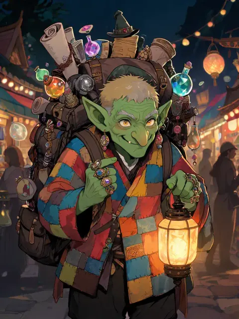 fantasy anime character with a green goblin merchant carrying potions in a night market