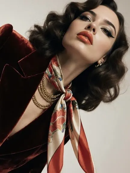 Fashion AI influencer wearing a silk scarf and burgundy gloves