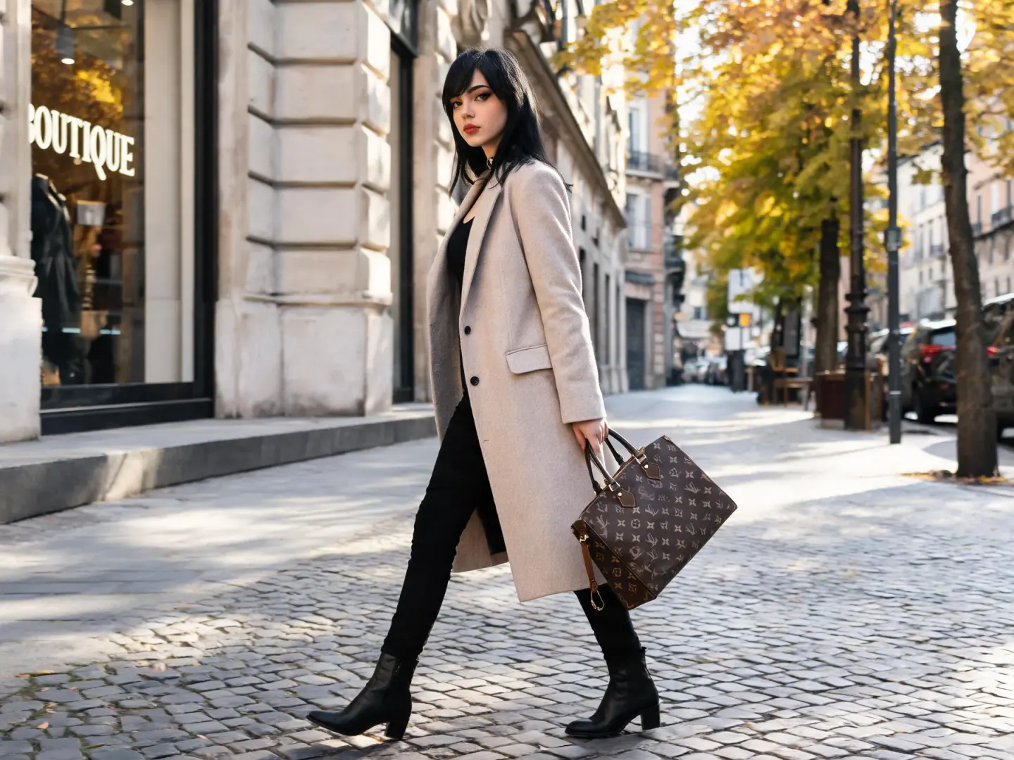 Fashion model in a beige coat walking along a tree-lined city street