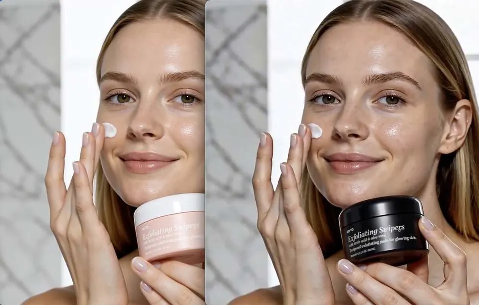Resultado final de corrección de color en video con un tarro de skincare cambiado de rosa a negro mate y escena consistente.