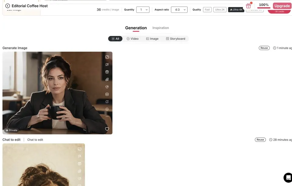 First APOB AI generated result with a fictional creator holding a black mug at a cafe table
