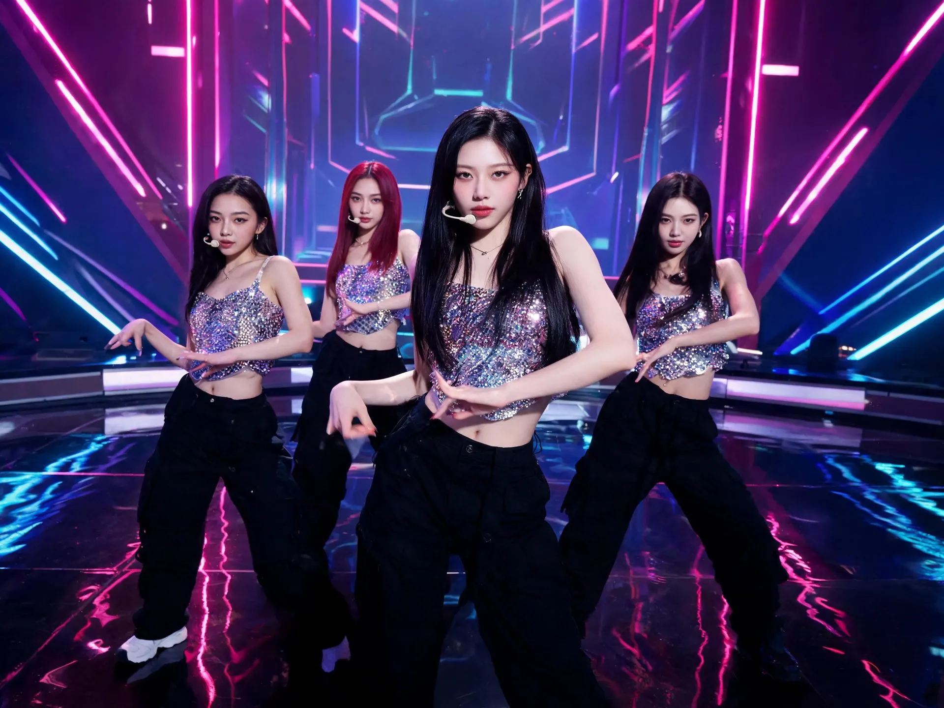 Four K-pop-inspired performers dancing in sequined tops on a pink and blue neon stage