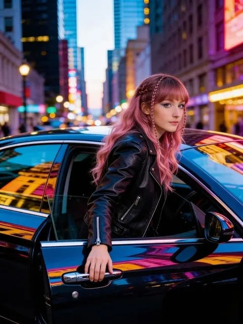 Pink-haired woman beside a car on a colorful city street
