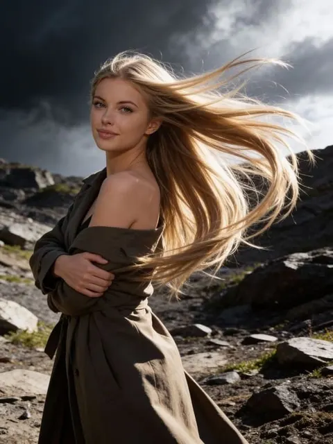 Blonde woman in motion on a windy rocky coastline